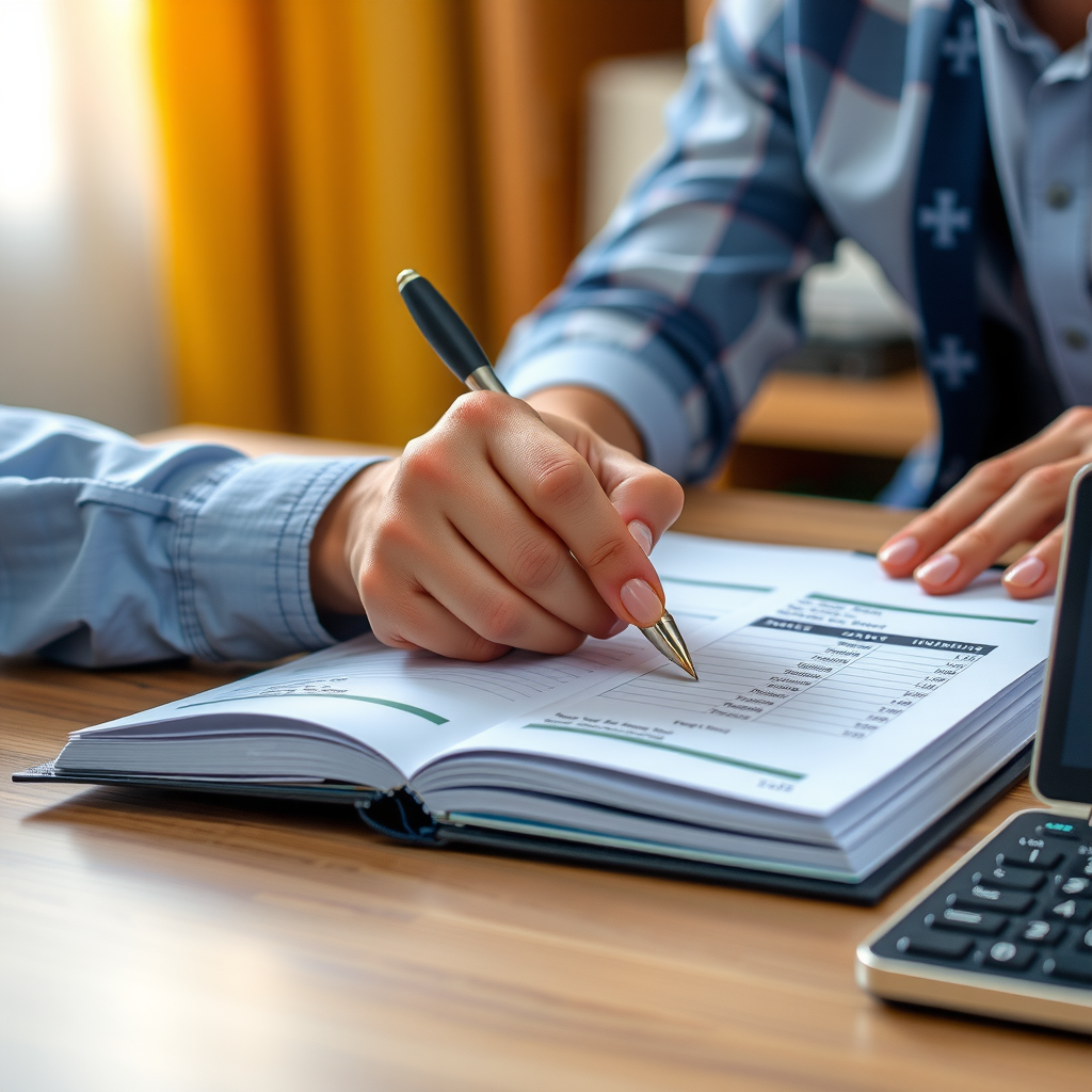 Eine Person, die an einem Schreibtisch sitzt und sorgfältig Einnahmen und Ausgaben in ein Haushaltsbuch einträgt, um die tägliche Planung zu verbessern.