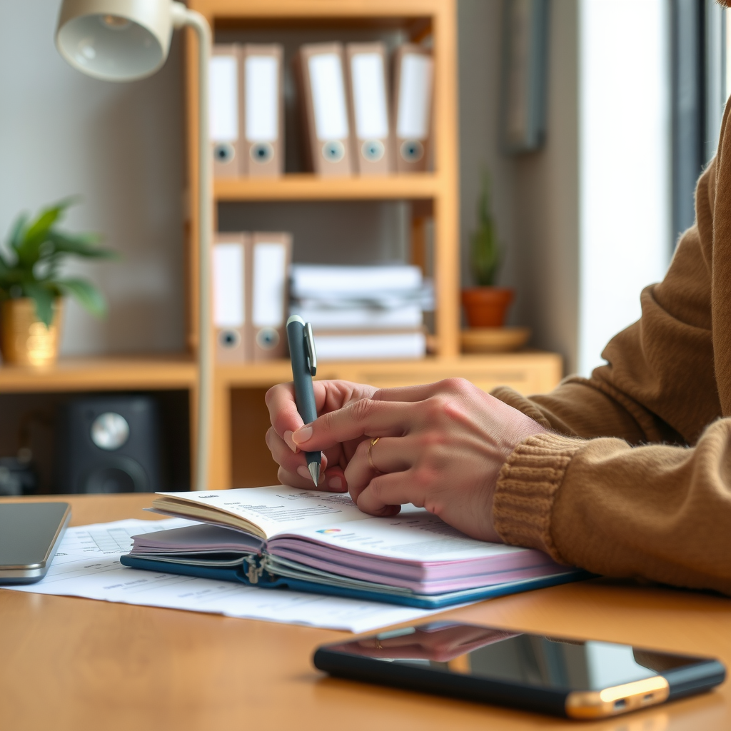 Eine Person sitzt an einem Schreibtisch und notiert sorgfältig Ausgaben in ein Notizbuch, um die Kostenkontrolle zu verbessern.