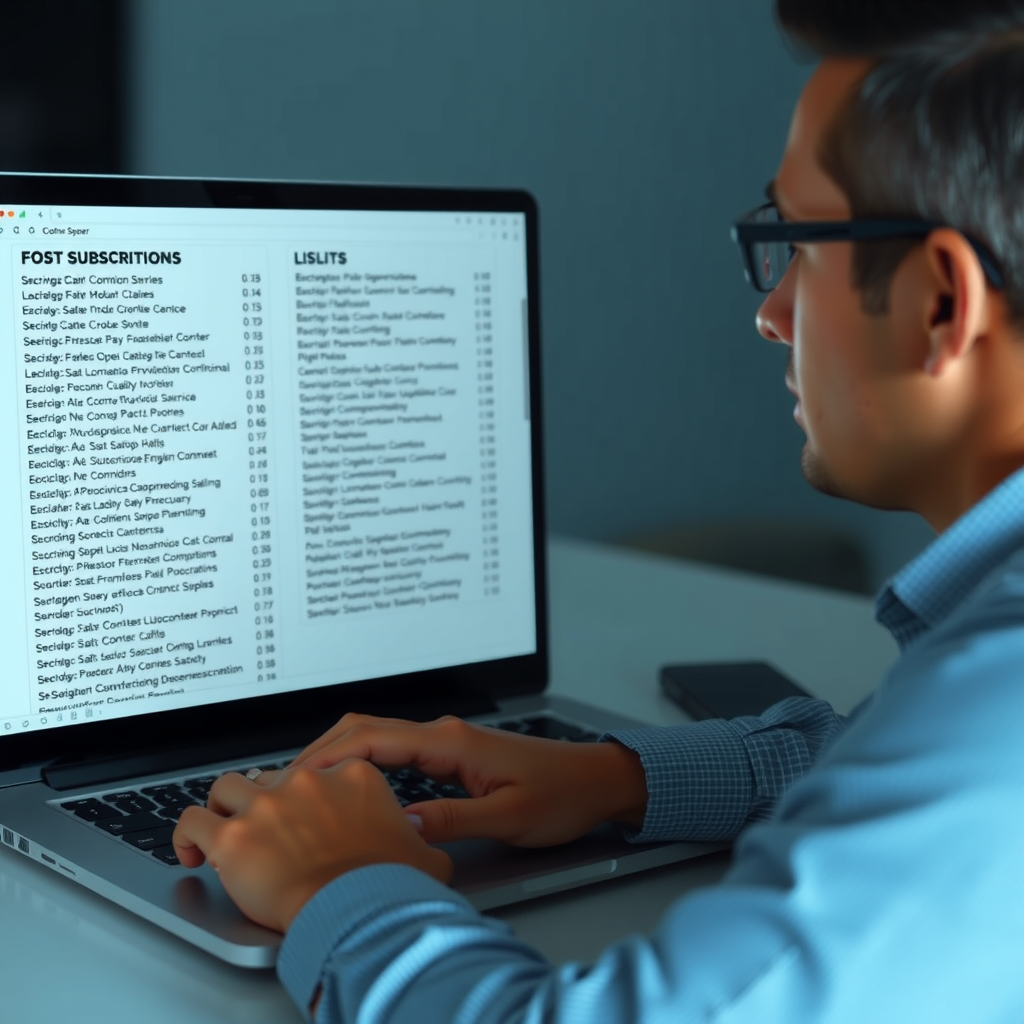 Eine Person, die nachdenklich auf eine lange Liste von Abonnements auf einem Laptop-Bildschirm blickt, was die Notwendigkeit einer Kostenkontrolle symbolisiert.