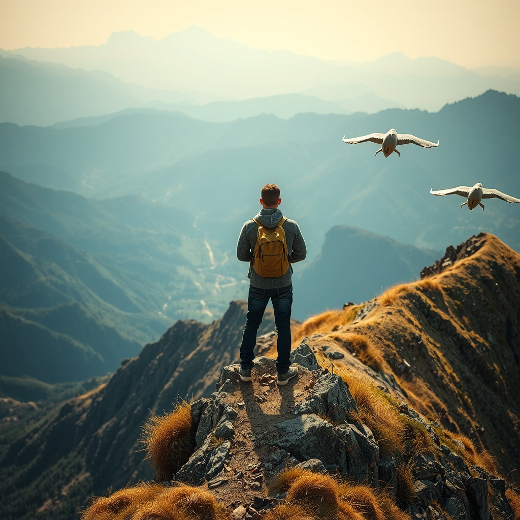 Eine Person, die auf einem Berg steht und auf eine weite Landschaft mit einem klaren Weg blickt, der finanzielle Klarheit und Zielsetzung symbolisiert.