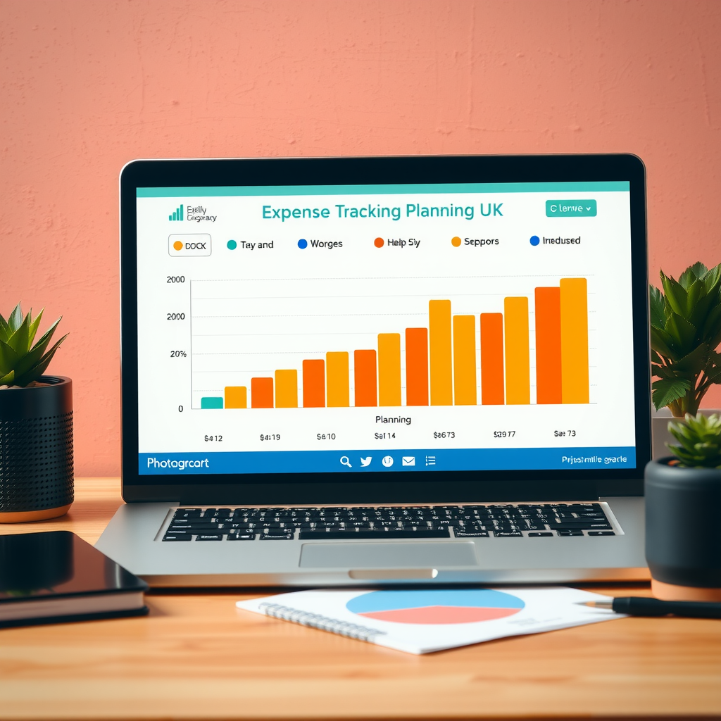 Ein Schreibtisch mit einem Laptop, der Diagramme zur Ausgabenverfolgung anzeigt, was die Bedeutung der täglichen Planung unterstreicht.