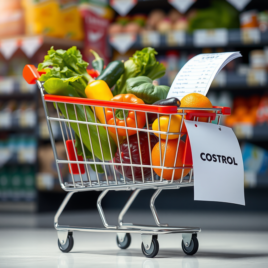 Ein Einkaufswagen gefüllt mit frischem Gemüse und eine Einkaufsliste, die die Kostenkontrolle beim Lebensmitteleinkauf symbolisiert.