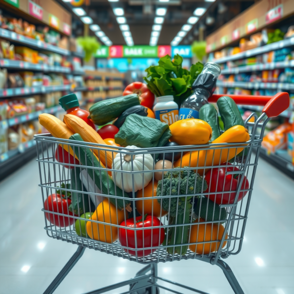 Ein voller Einkaufswagen mit frischem Gemüse, Obst und anderen Lebensmitteln in einem Supermarkt.