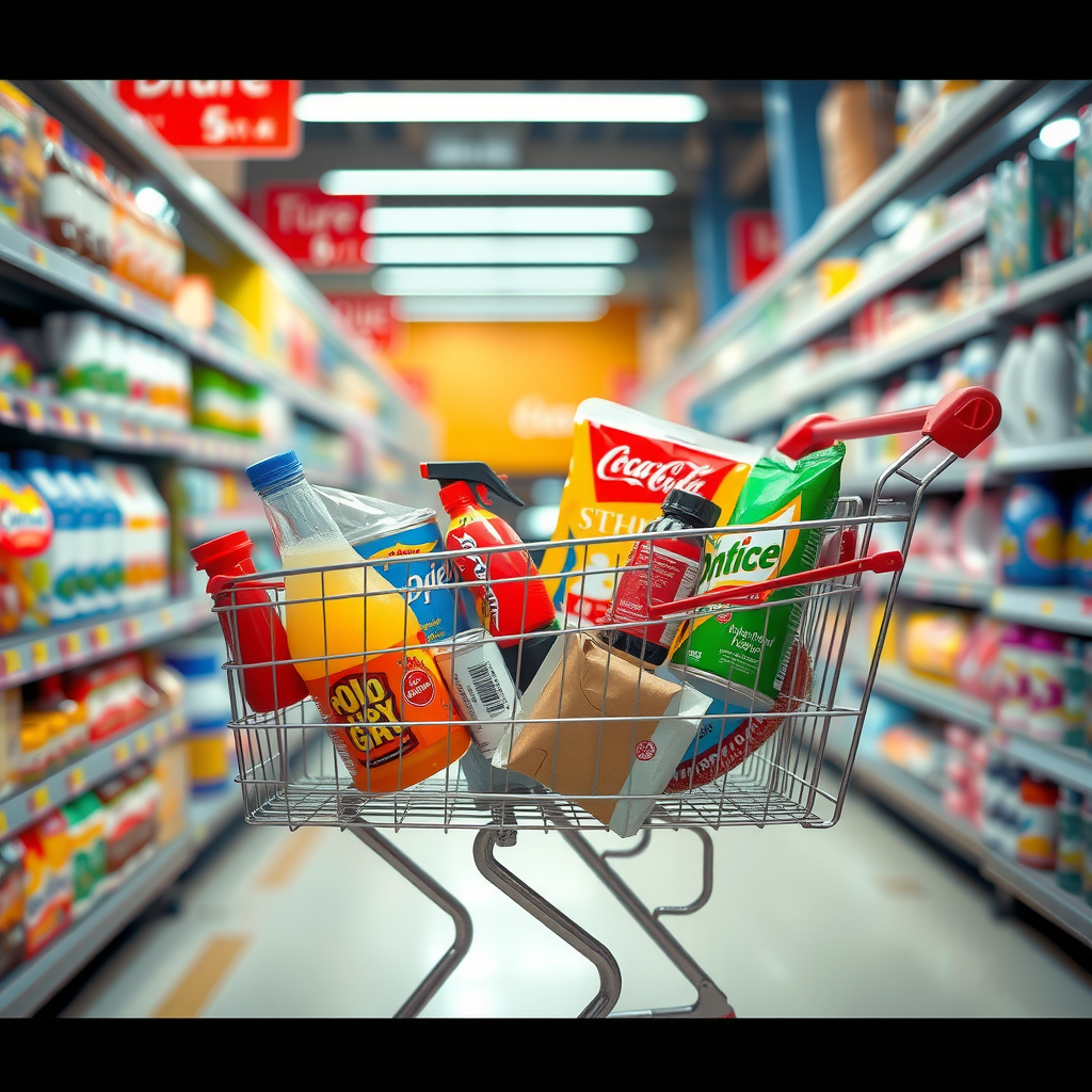 Ein Einkaufswagen im Supermarkt, gefüllt mit preiswerten Eigenmarkenprodukten anstelle von teuren Markenartikeln, um die Kostenkontrolle zu demonstrieren.