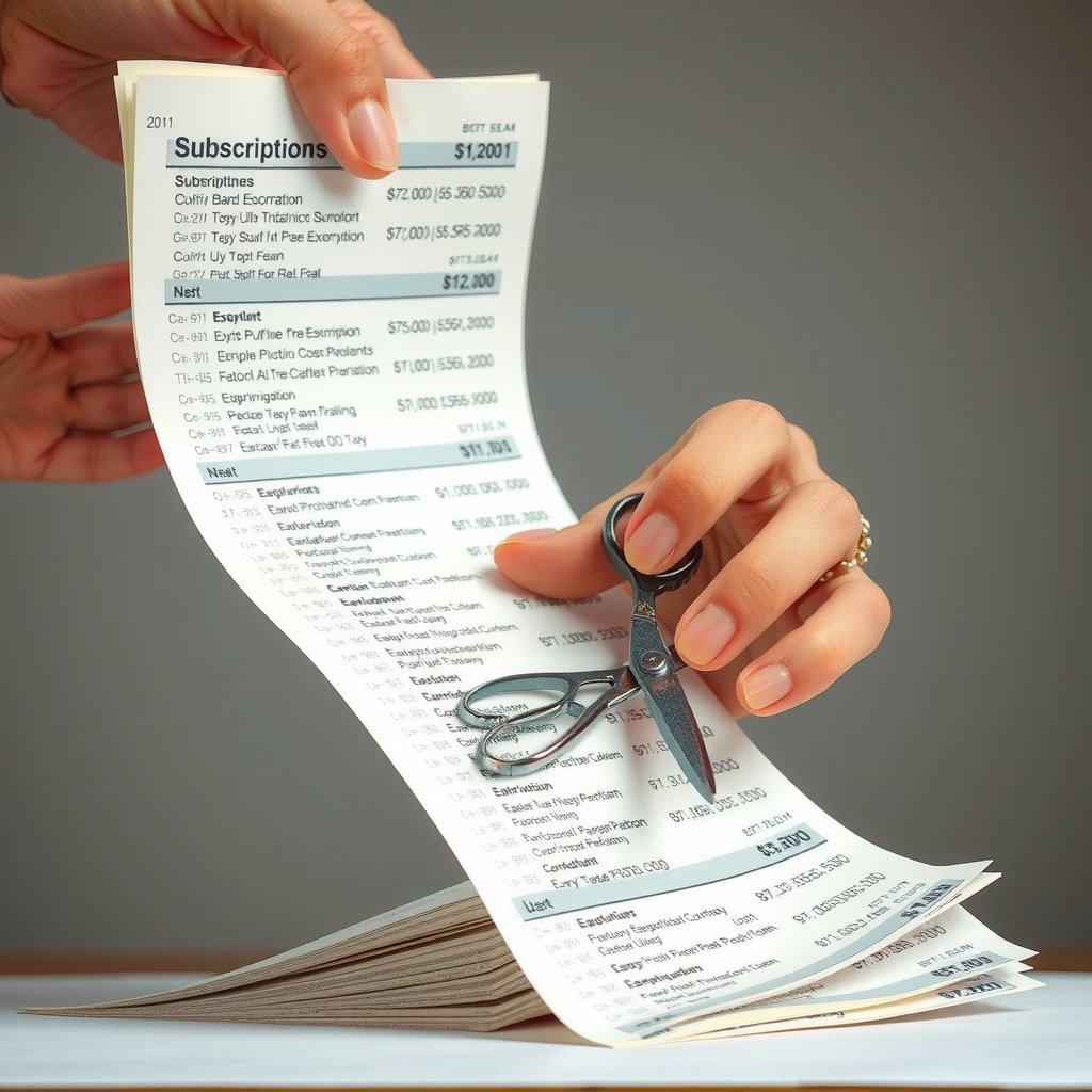 Eine Hand, die mit einer Schere eine lange Liste von Abonnements durchschneidet, als Symbol für die finanzielle Organisation.