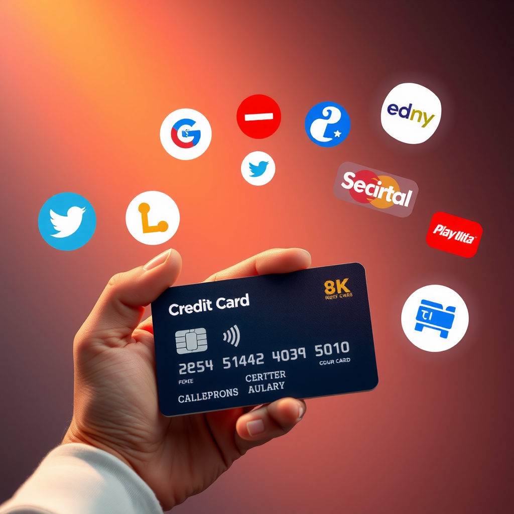 Eine Hand, die eine Kreditkarte hält, mit Logos verschiedener Abonnementdienste, die um sie herum schweben.