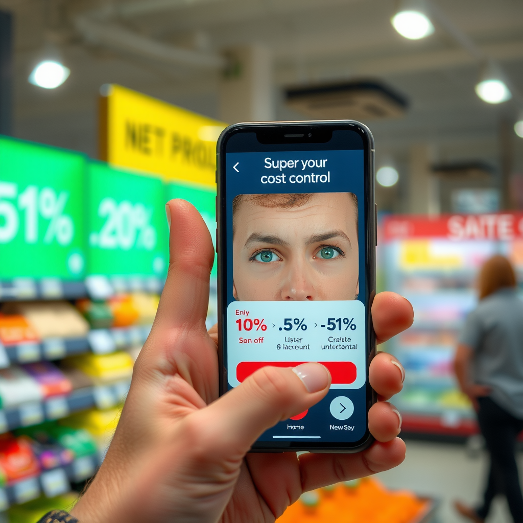Eine Person hält ein Smartphone in der Hand und nutzt eine Supermarkt-App, um Rabatte zu scannen und die Kostenkontrolle zu verbessern.