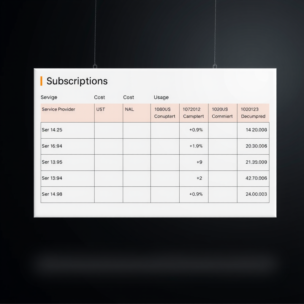 Ein Screenshot einer einfachen Tabelle zur Verfolgung von Abonnements mit Spalten für Dienstleister, Kosten und Nutzungsdatum.