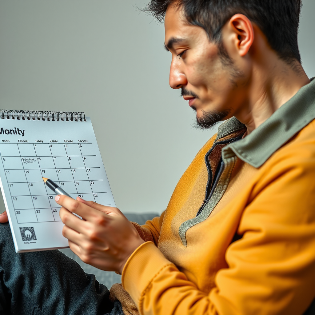 Eine Person, die nachdenklich auf einen Kalender und Finanznotizen blickt und ihre Ausgaben für den kommenden Monat plant.