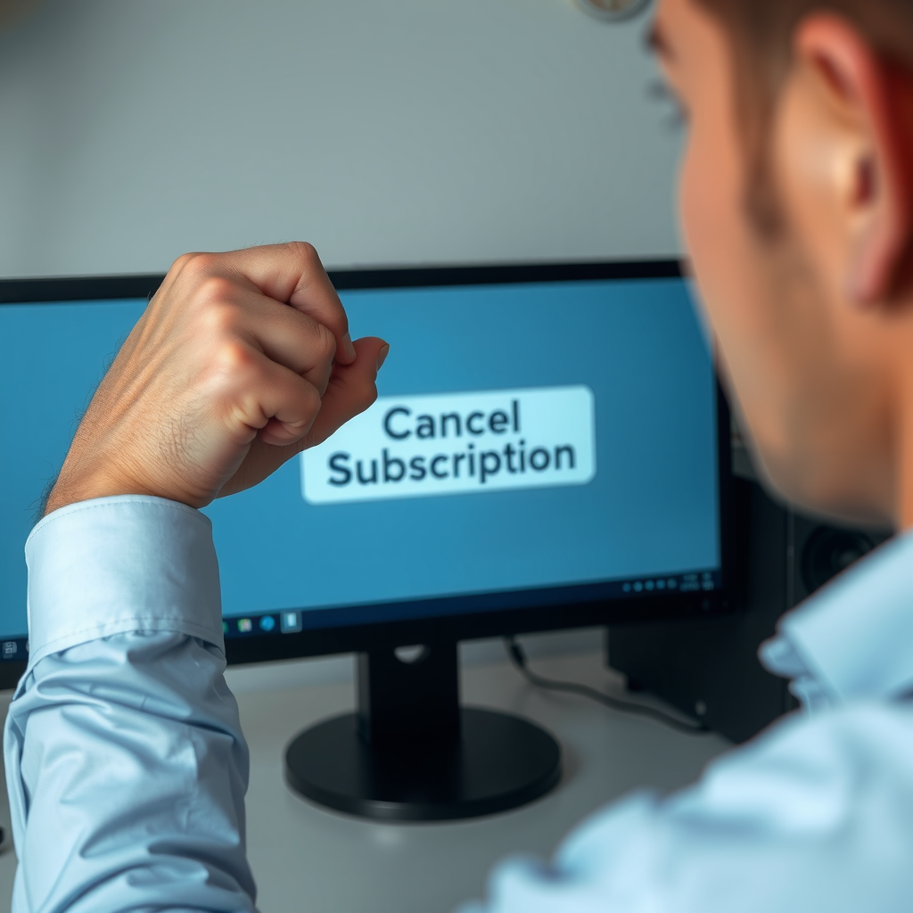 Eine Person, die selbstbewusst auf einen 'Abonnement kündigen'-Button auf einem Computerbildschirm klickt, was die Übernahme der Finanzkontrolle symbolisiert.