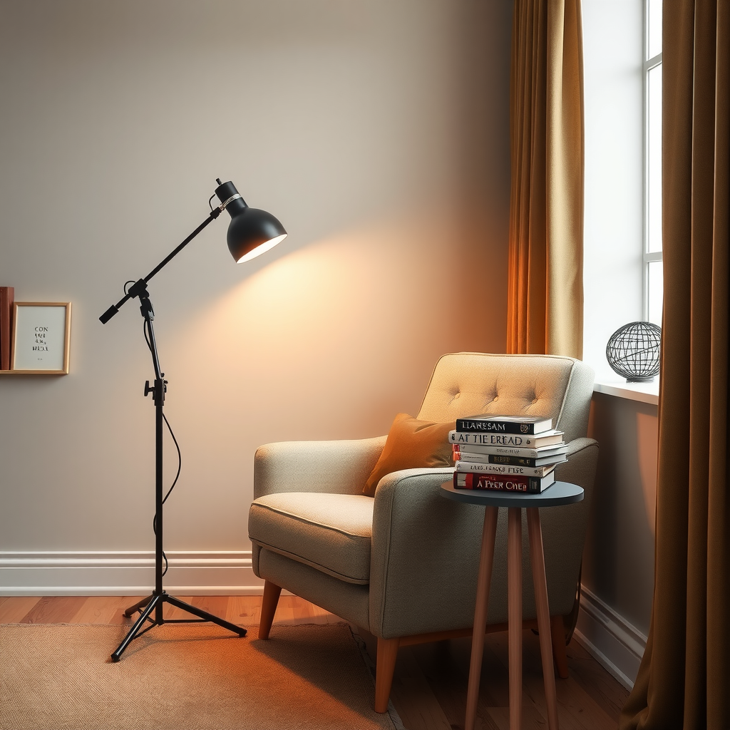 Eine gemütliche Leseecke mit einem bequemen Sessel, einer Stehlampe und einem Stapel Bücher auf einem kleinen Tisch.